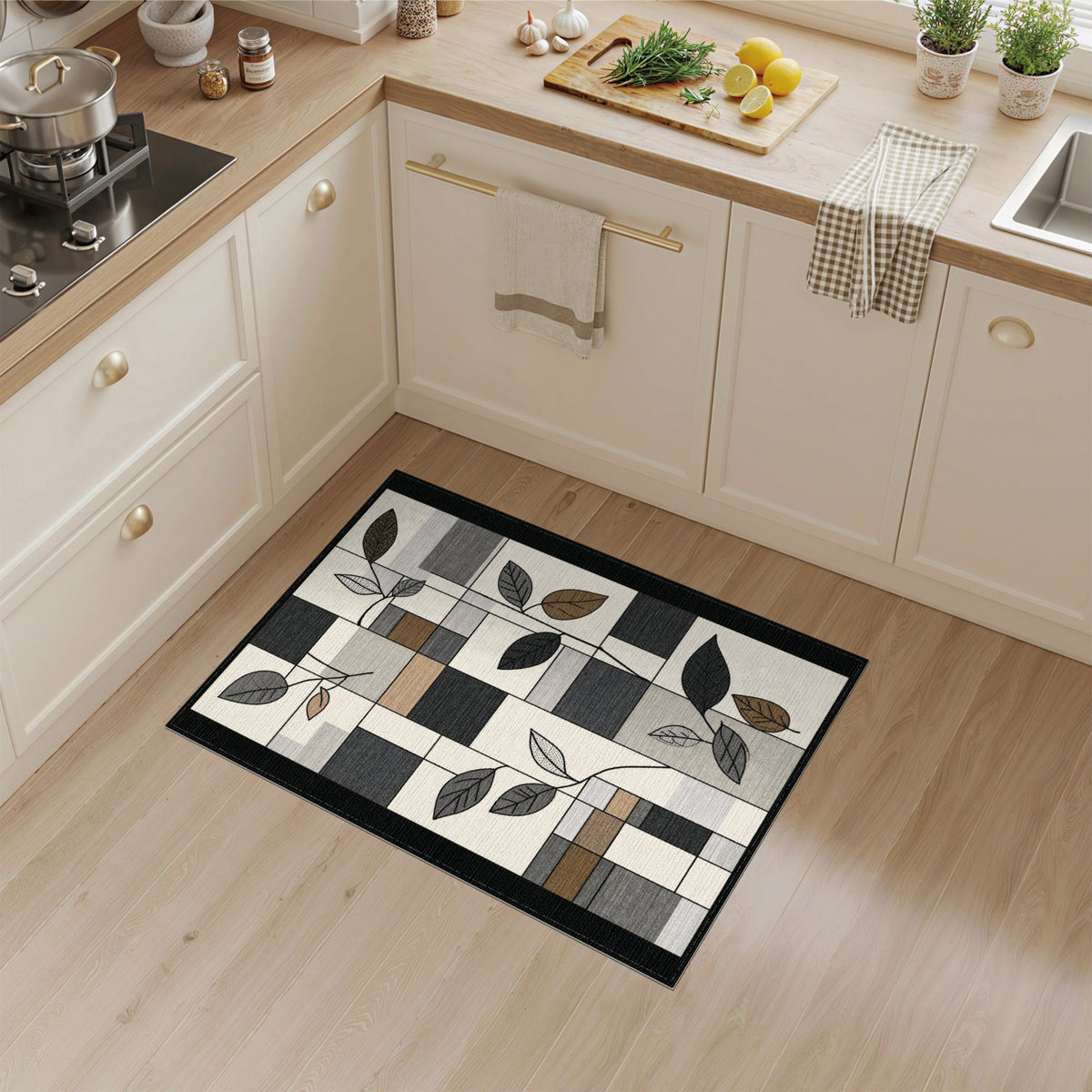 Grey Geometric Leaf Area Rug