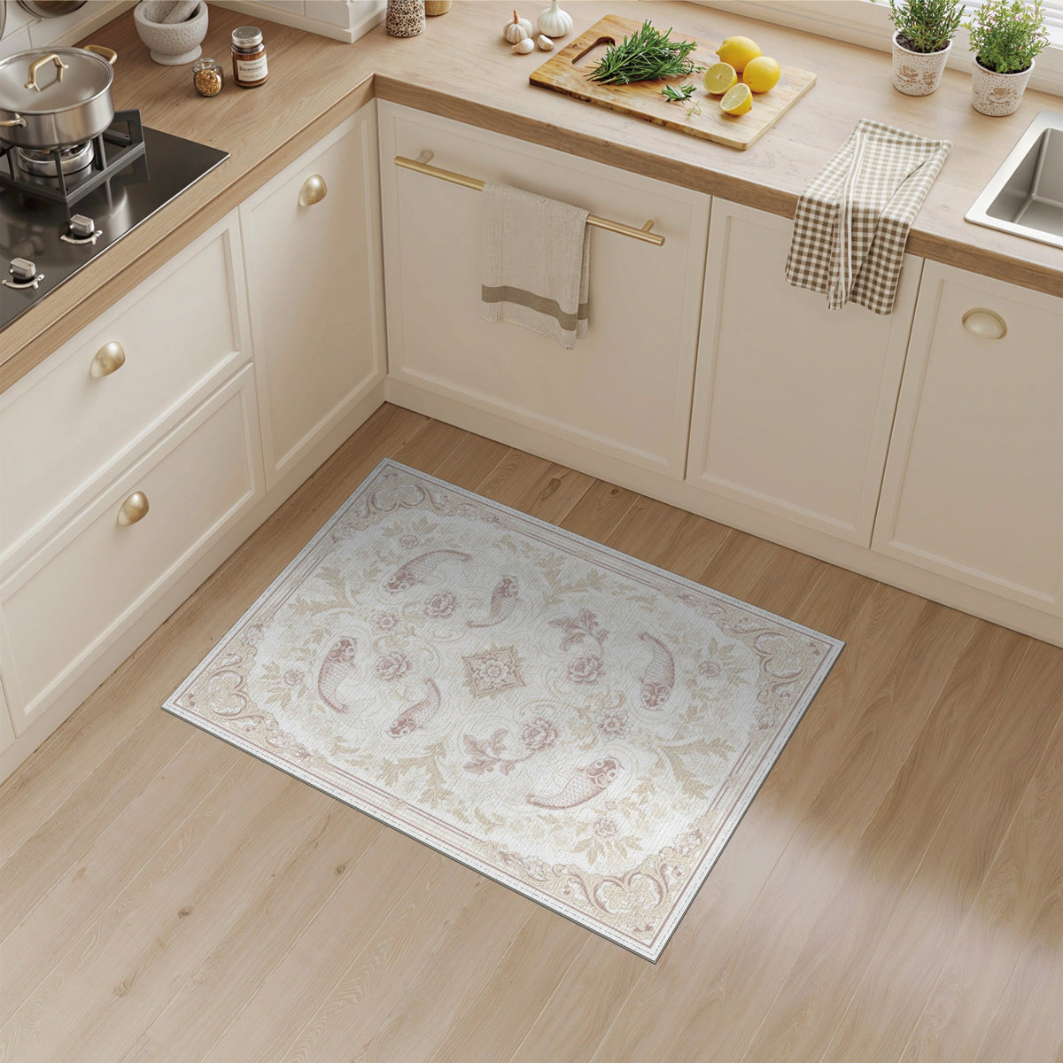 Beige Koi Fish Floral Vintage Area Rug