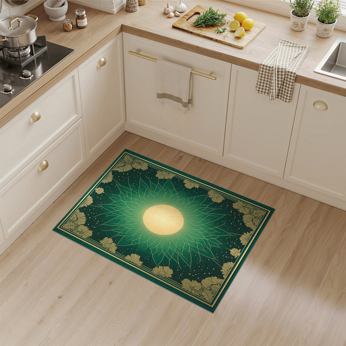 Green Gold Sunburst Leaf Floral Area Rug