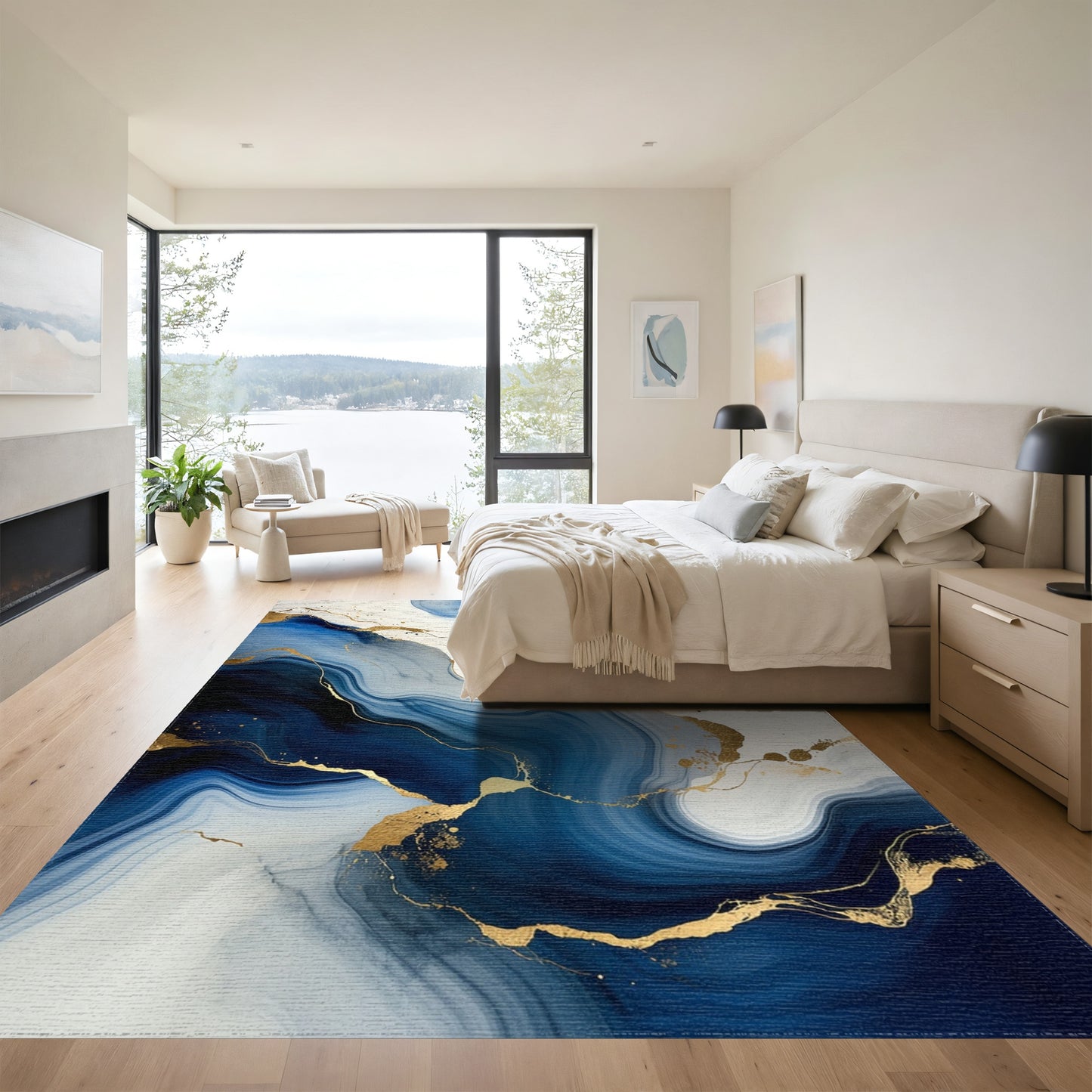 Navy White Gold Veined Fluid Rug