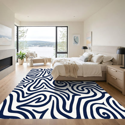 Navy Wavy Lines Abstract Rug