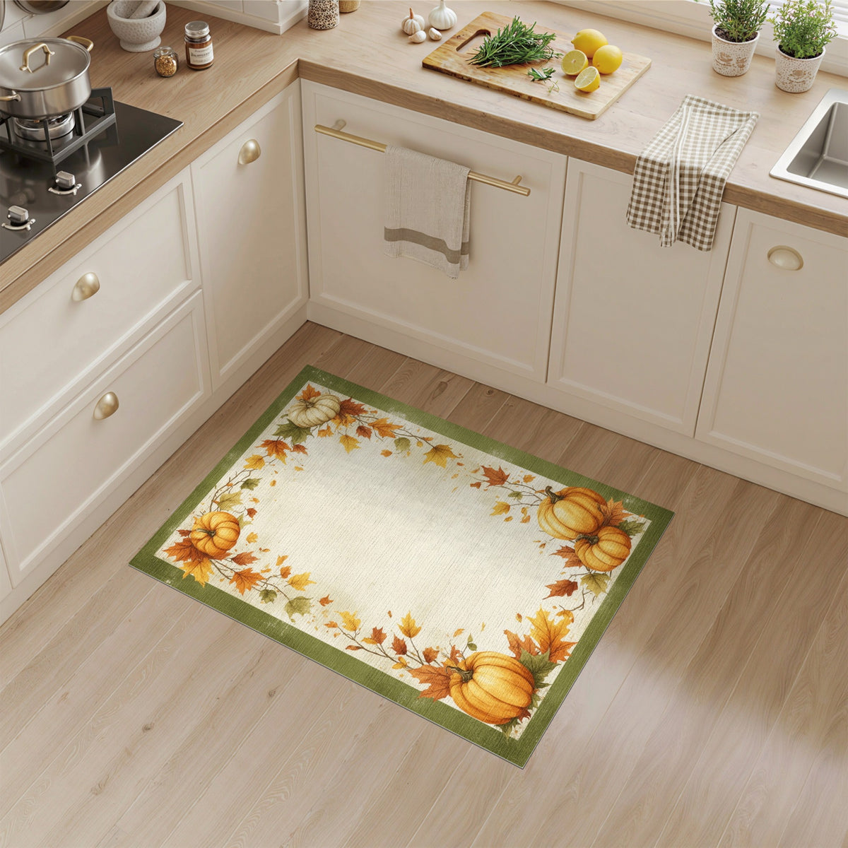 Brown and Tan Autumn Pumpkin Harvest Border Area Rug