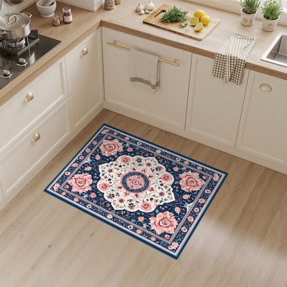 Navy Blue Pink Floral Medallion Area Rug