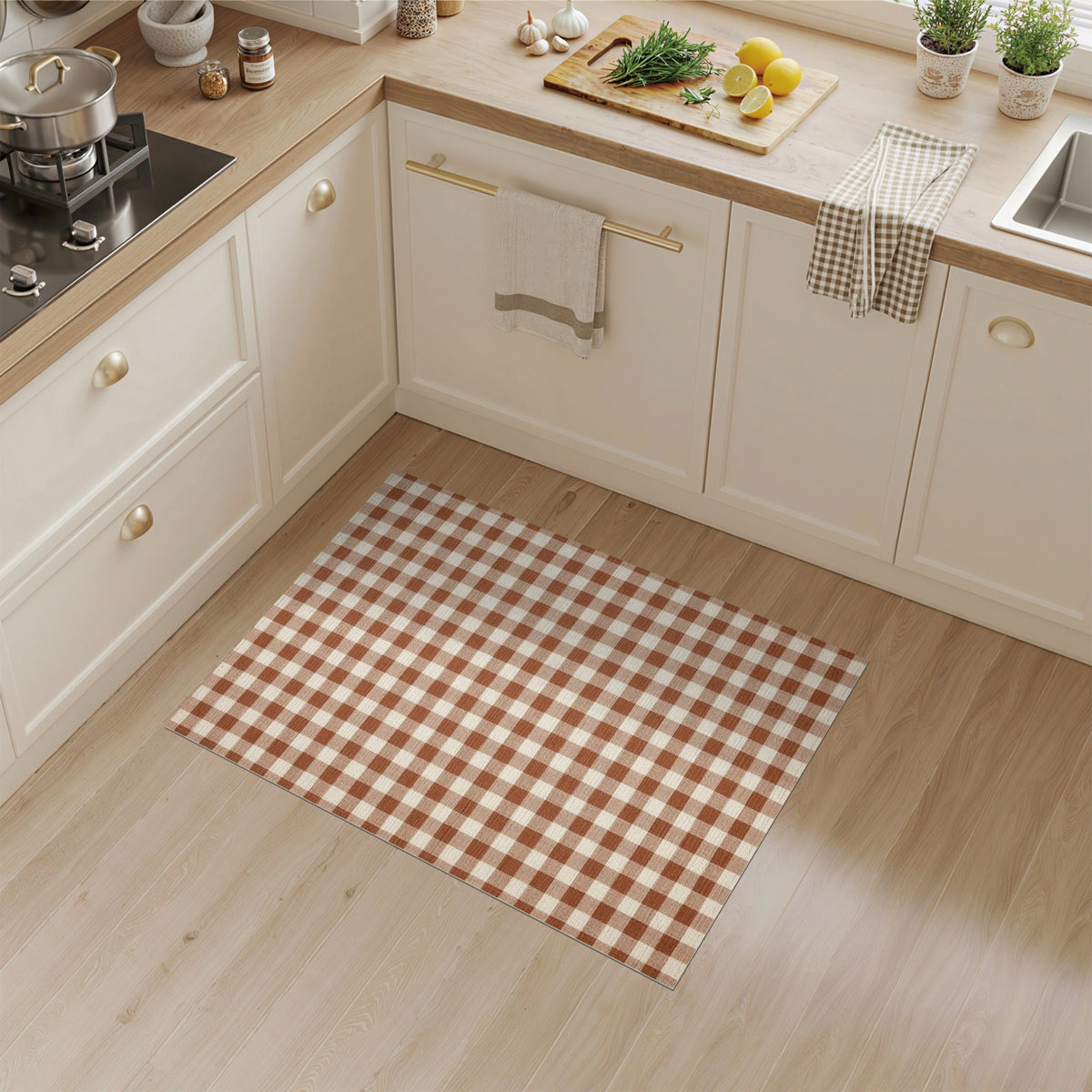 Brown and Tan Brown Gingham Checkered Area Rug