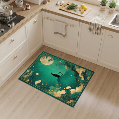 Black Cat Moon Teal Area Rug