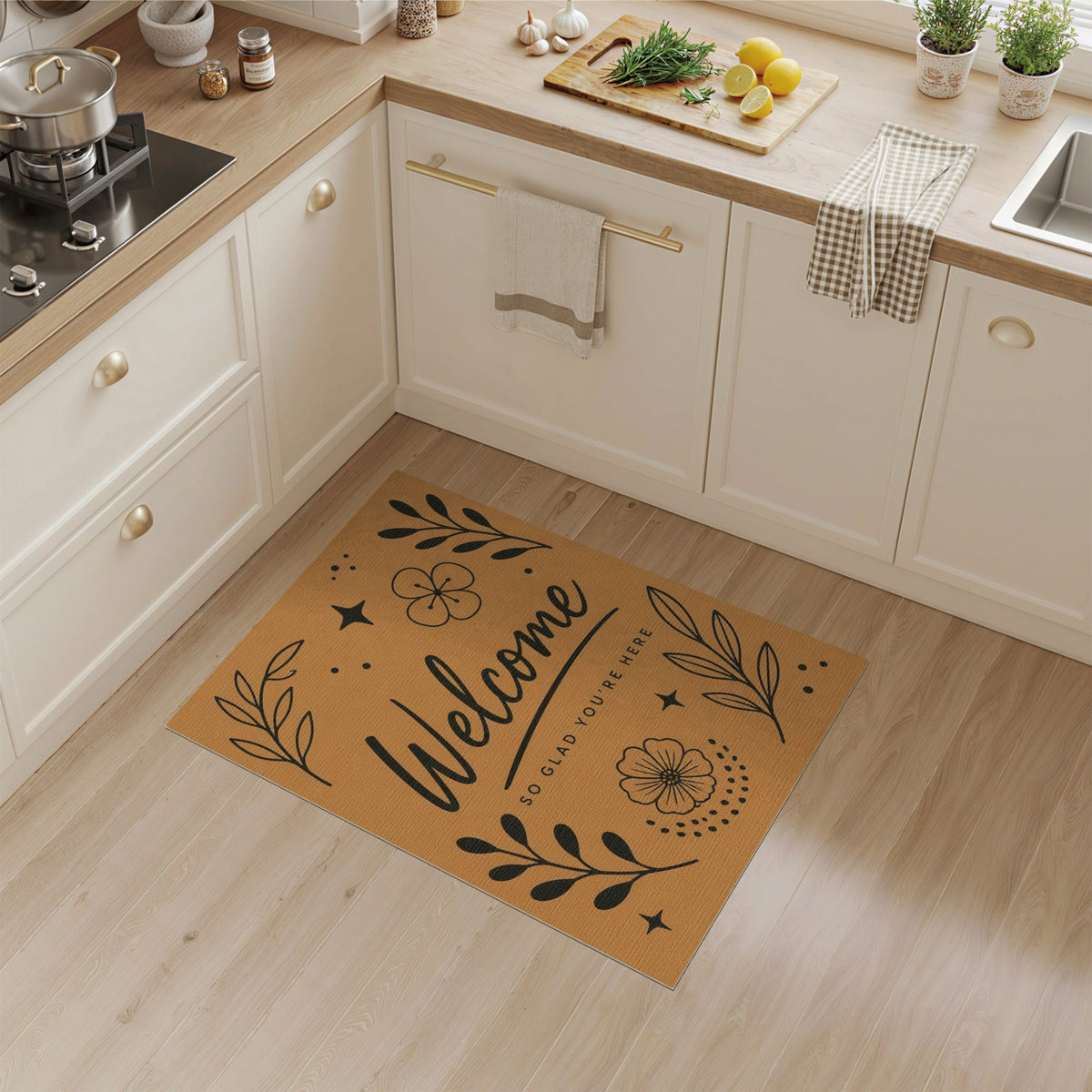 Welcome Brown Boho Floral Rug