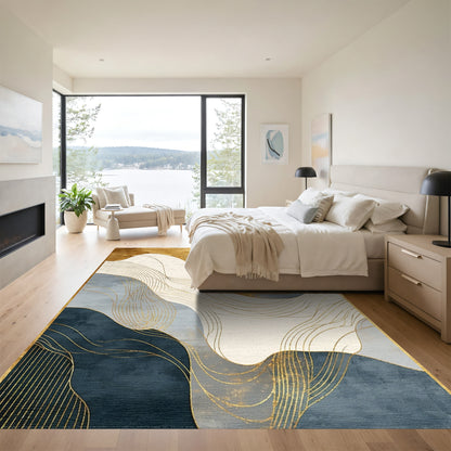 Abstract Gold Navy Wave Rug