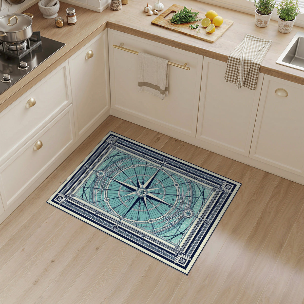 Blue and Teal Compass Geometric Area Rug