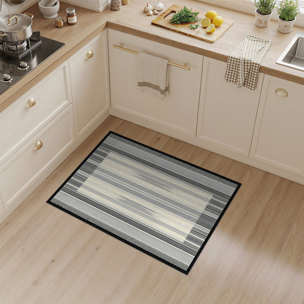 Black White Geometric Striped Area Rug