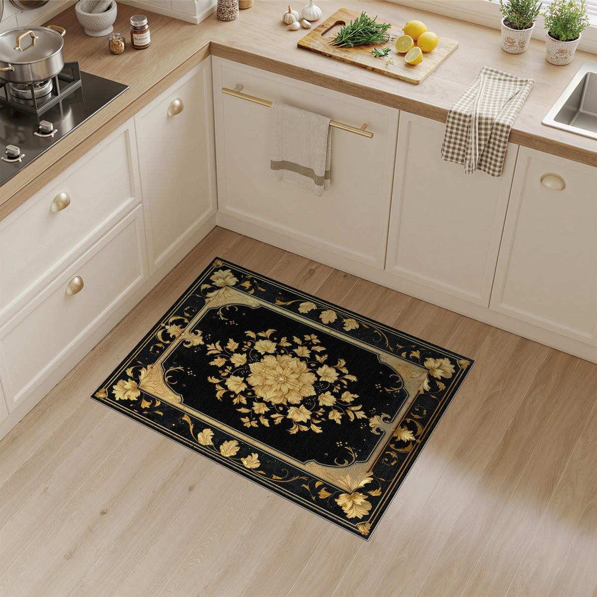 Black and Gold Floral Medallion Rug