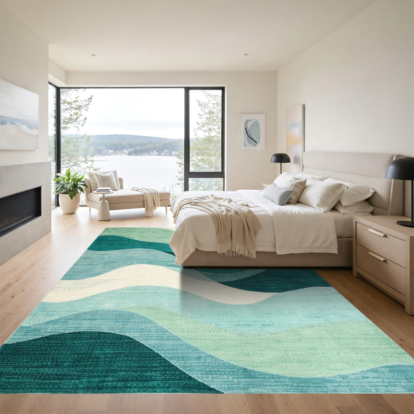 Teal Layered Waves Rug
