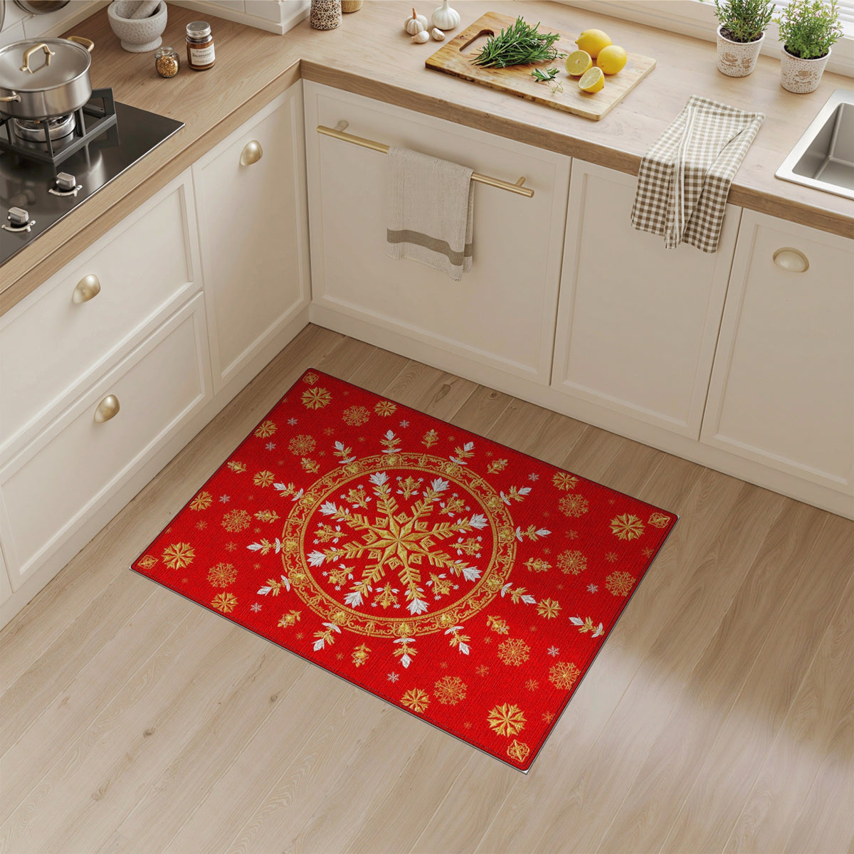 Red Gold Snowflake Medallion Area Rug