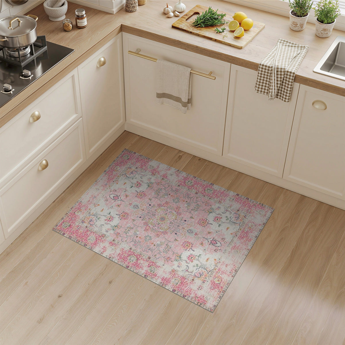 Pink Floral Vintage Washable No. 68 Area Rug