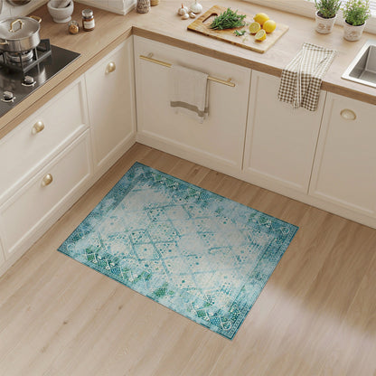 Distressed Blue Teal Vintage Geometric Area Rug
