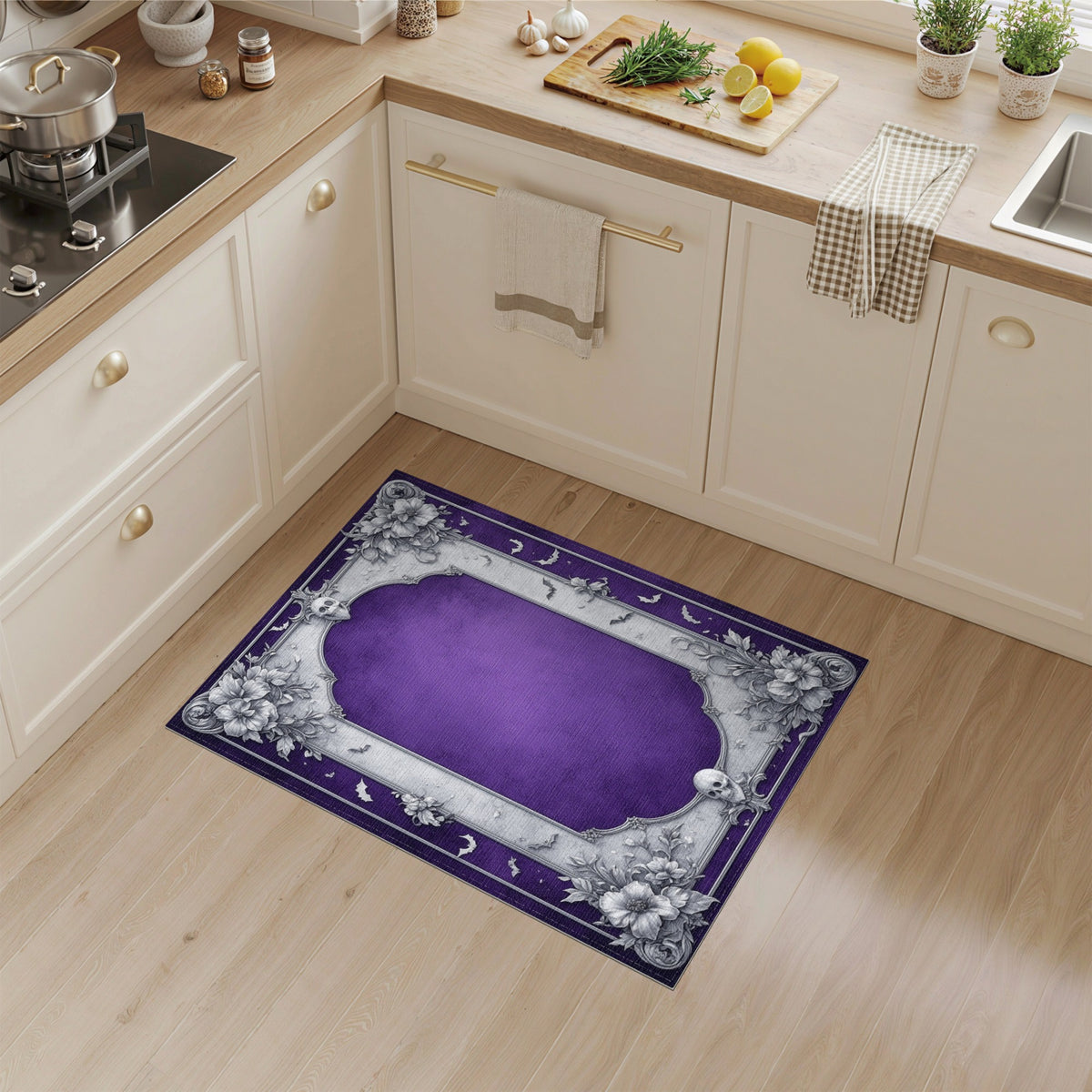 Purple Gothic Ornate Floral Skull Area Rug