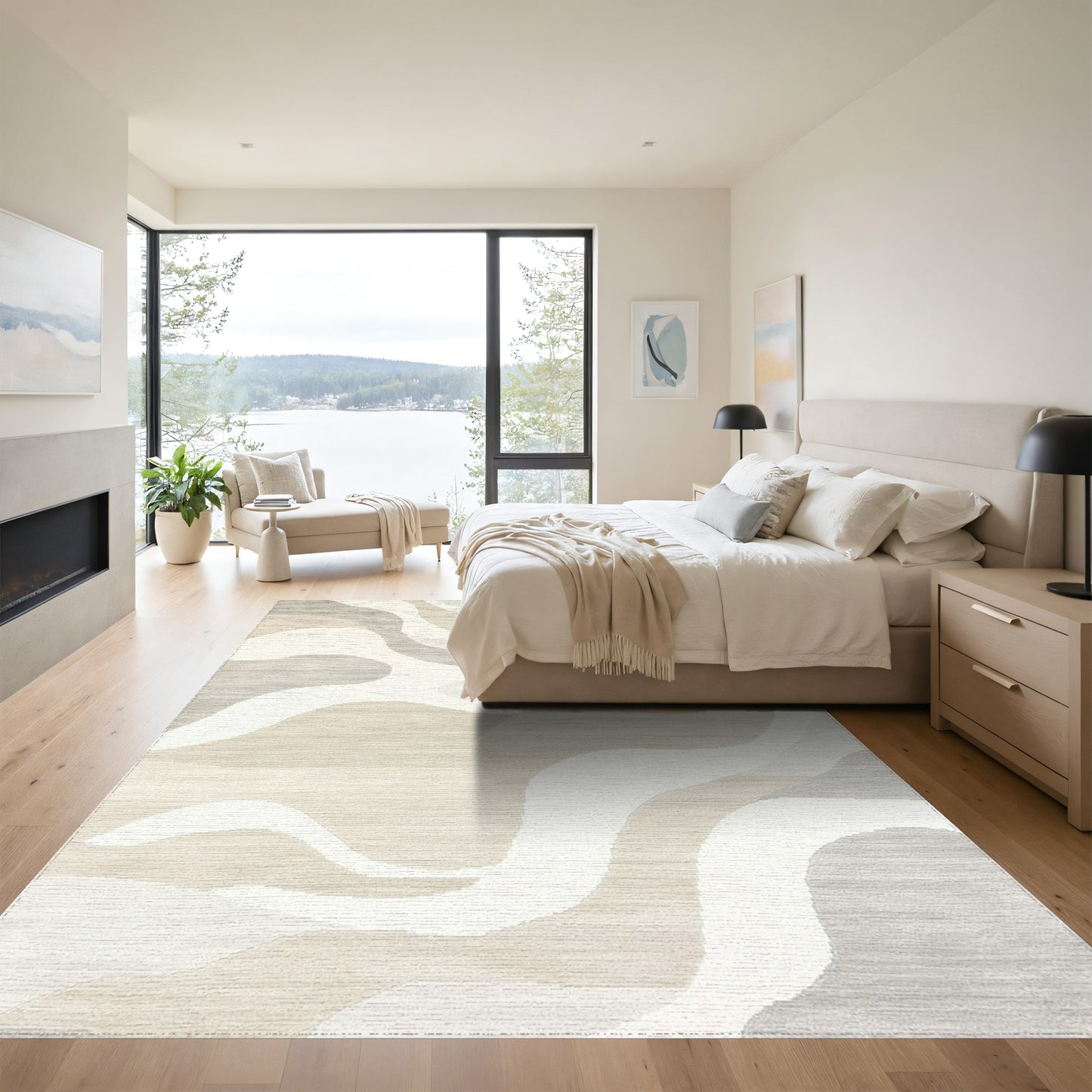 Beige Gray Abstract Waves Rug