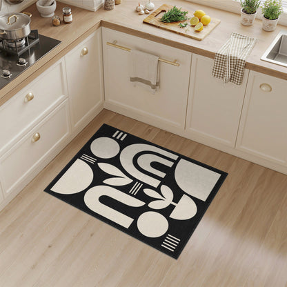 Black White Geometric Botanical Area Rug