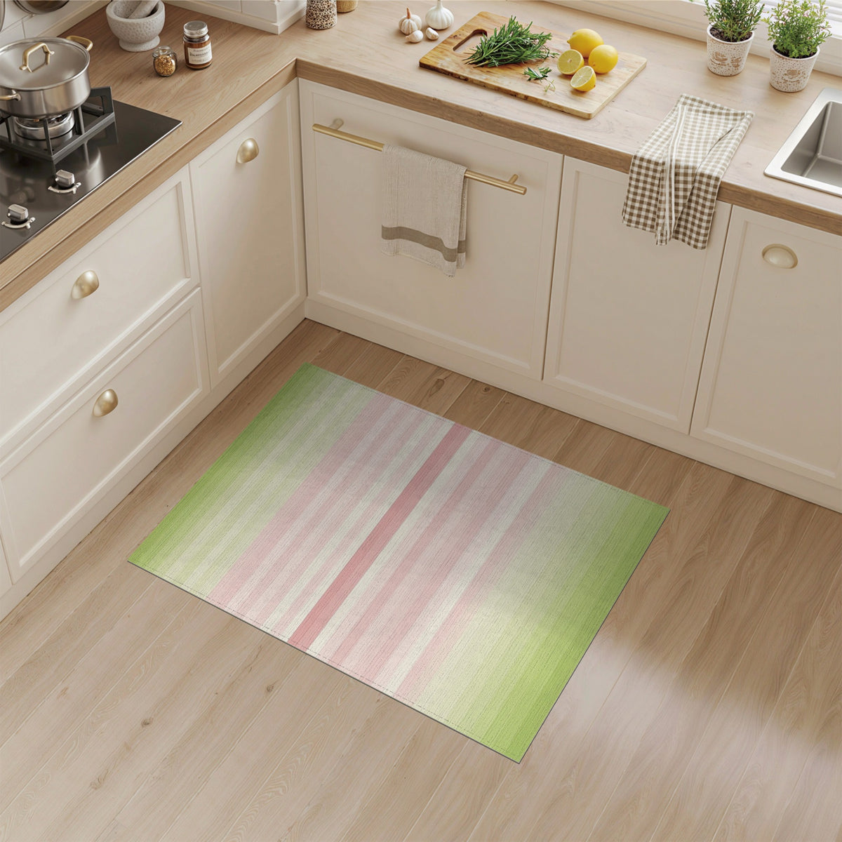 Pastel Pink Green Striped Washable Area Rug