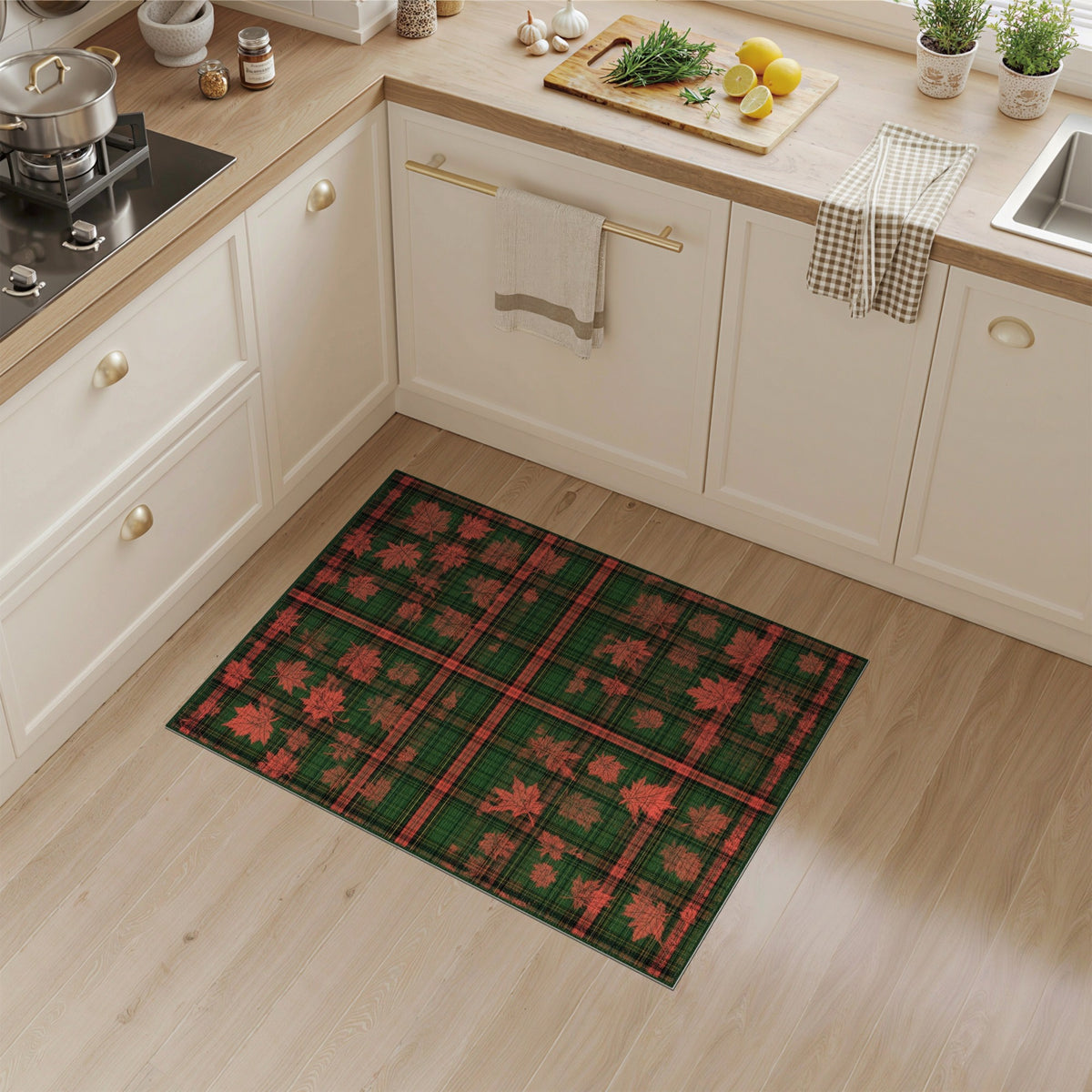 Green Plaid Maple Leaf Washable Area Rug