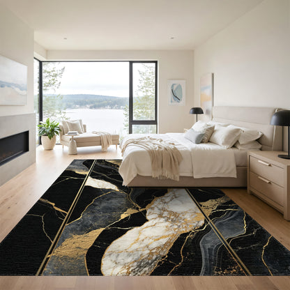 Black Gold White Veined Marble Rug