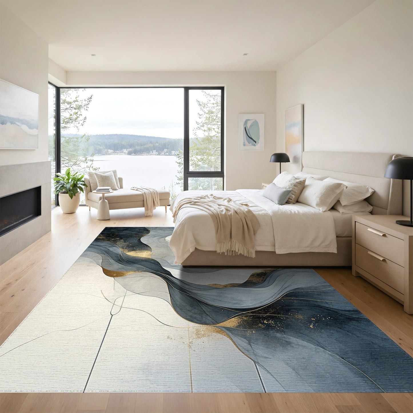 Navy Gold Fluid Waves Rug