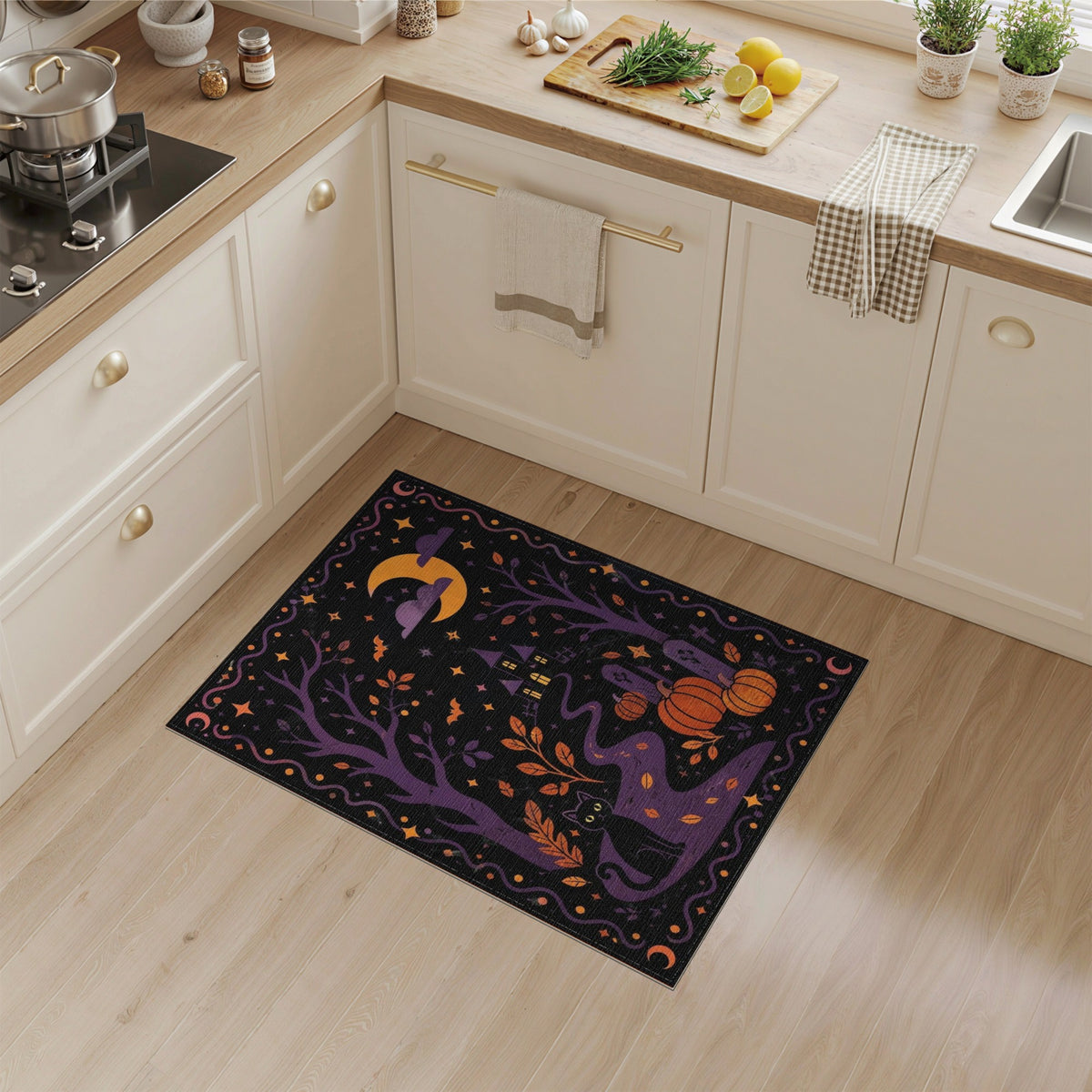 Midnight Cat Pumpkin Halloween Washable Area Rug