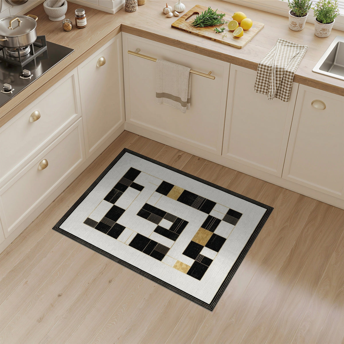 Black and White Black Gold Geometric Modern Area Rug
