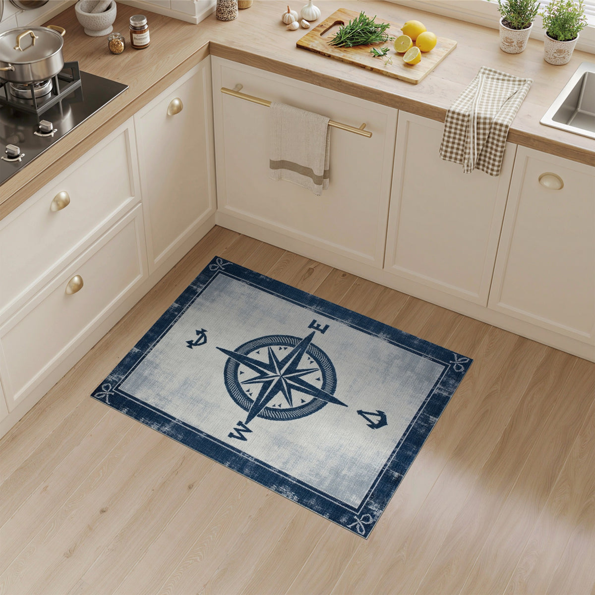 Blue Nautical Compass Washable Area Rug