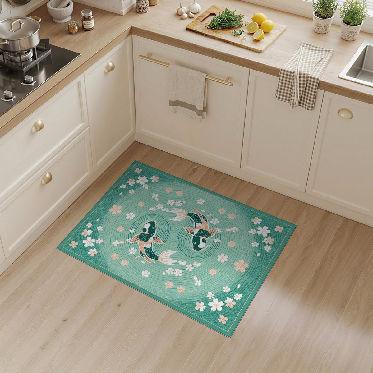 Teal Koi Fish Yin-Yang Cherry Blossom Area Rug