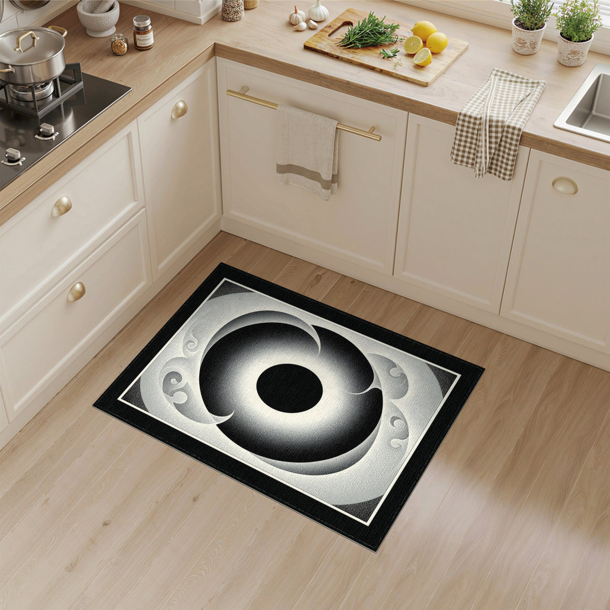 Black White Geometric Vortex Area Rug