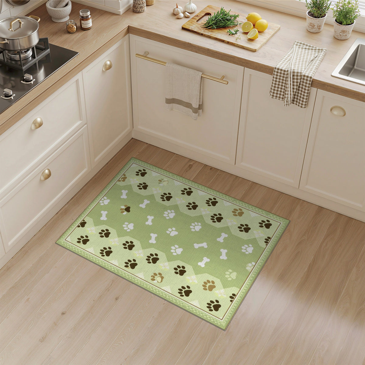 Green Paw Print Bone Kids Area Rug