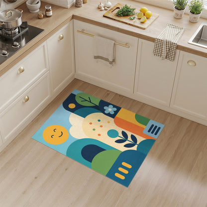 Smiling Sun Blue Teal Kids Cartoon Washable Area Rug
