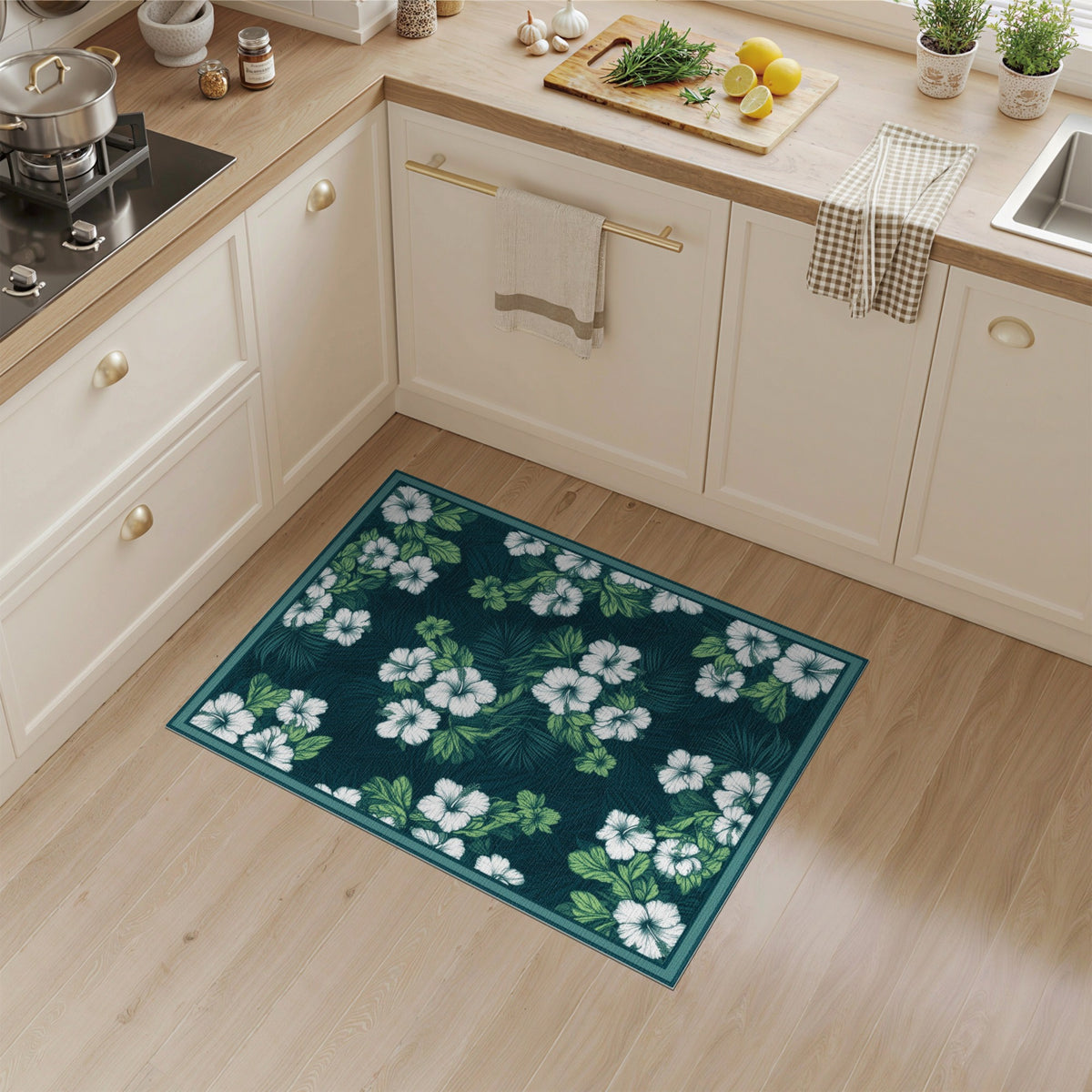 Blue and Teal Hibiscus Floral Area Rug