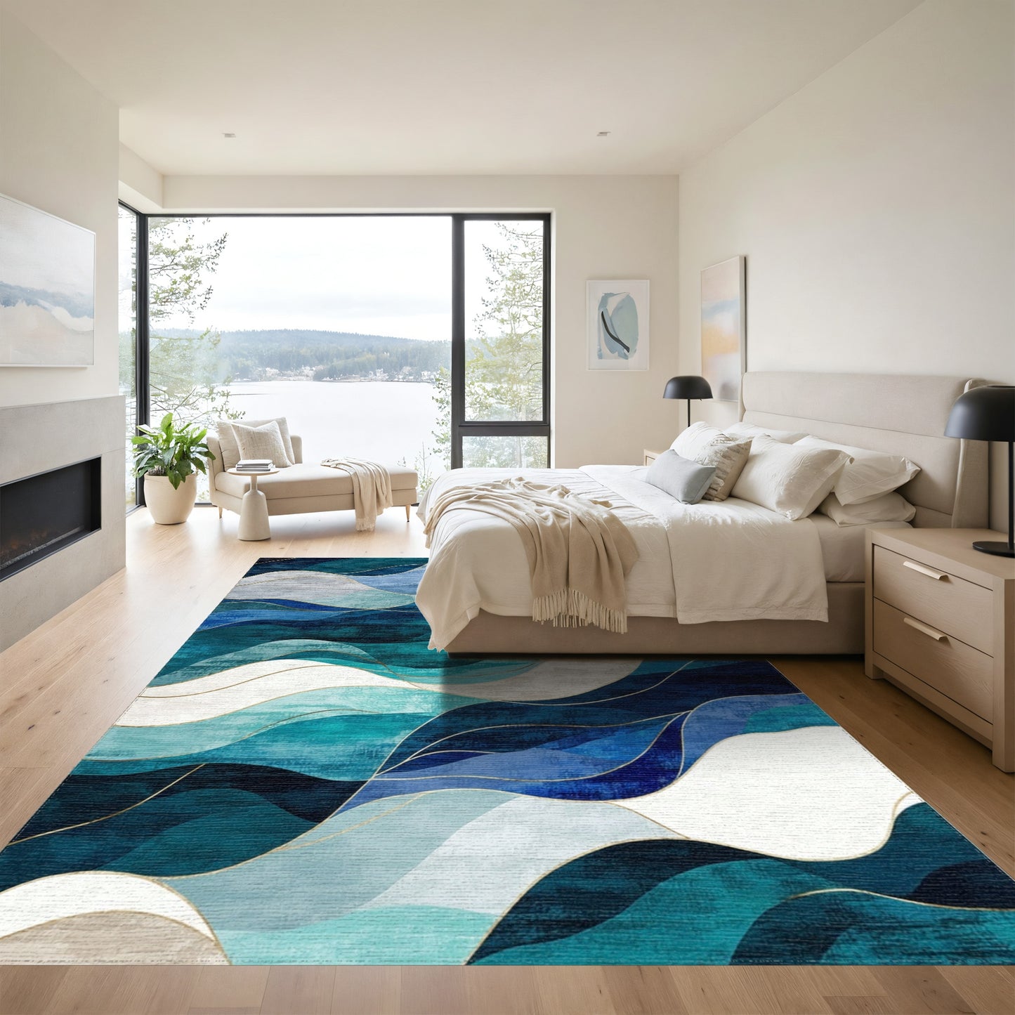 Teal Navy Layered Waves Rug