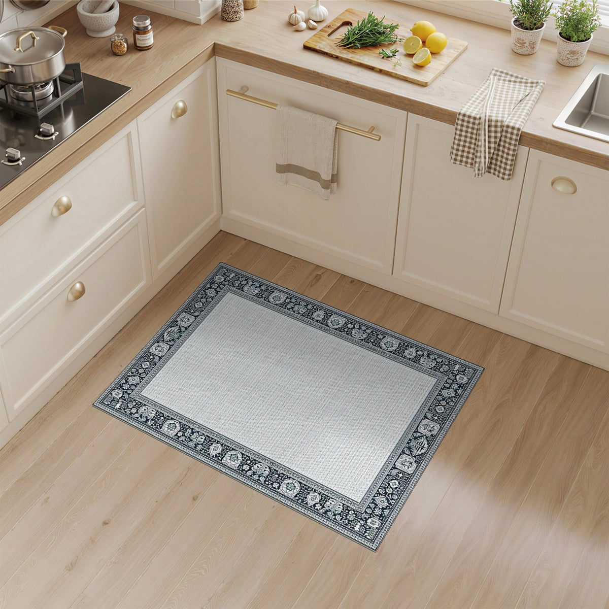 Black White Floral Border Area Rug