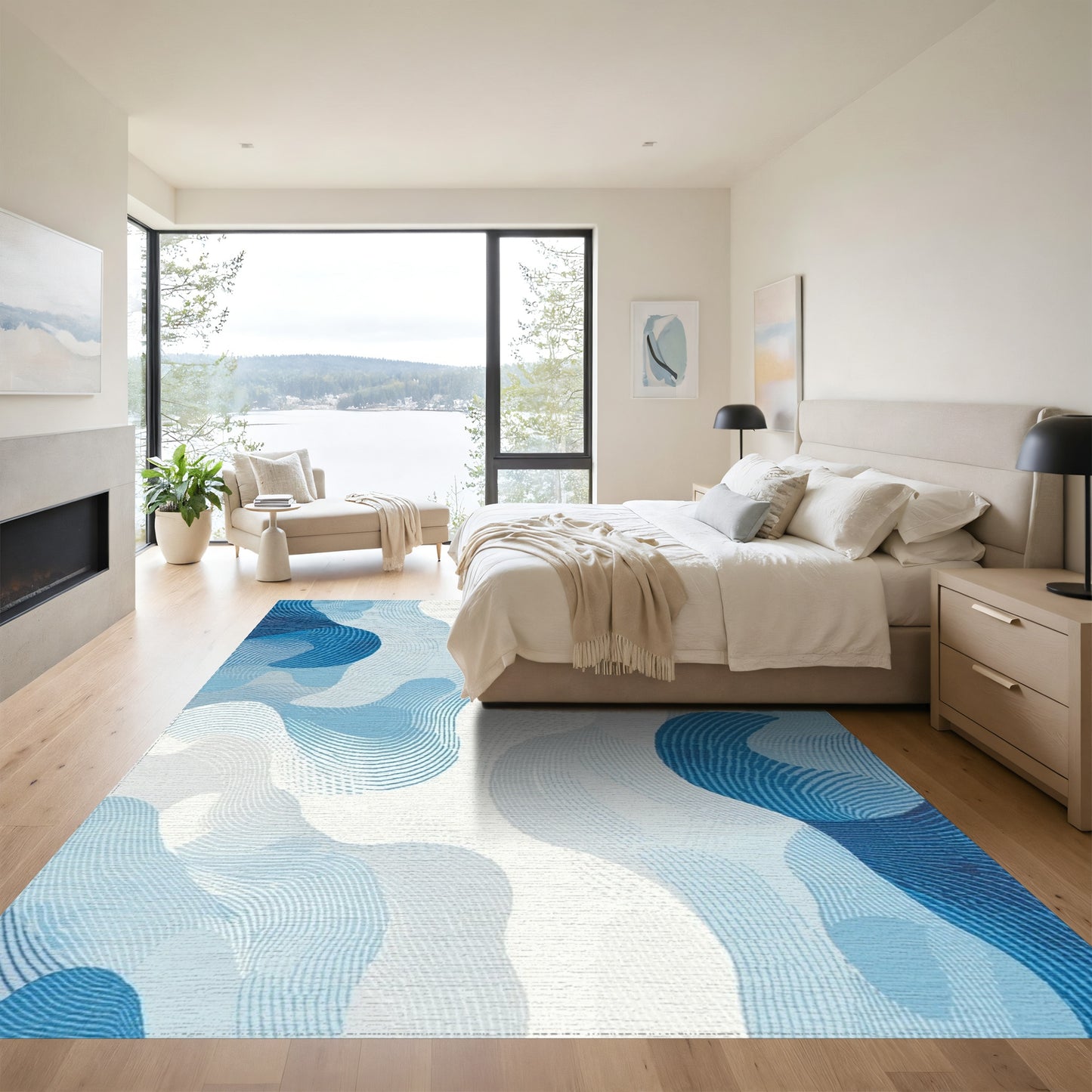 Abstract Blue Fluid Waves Rug
