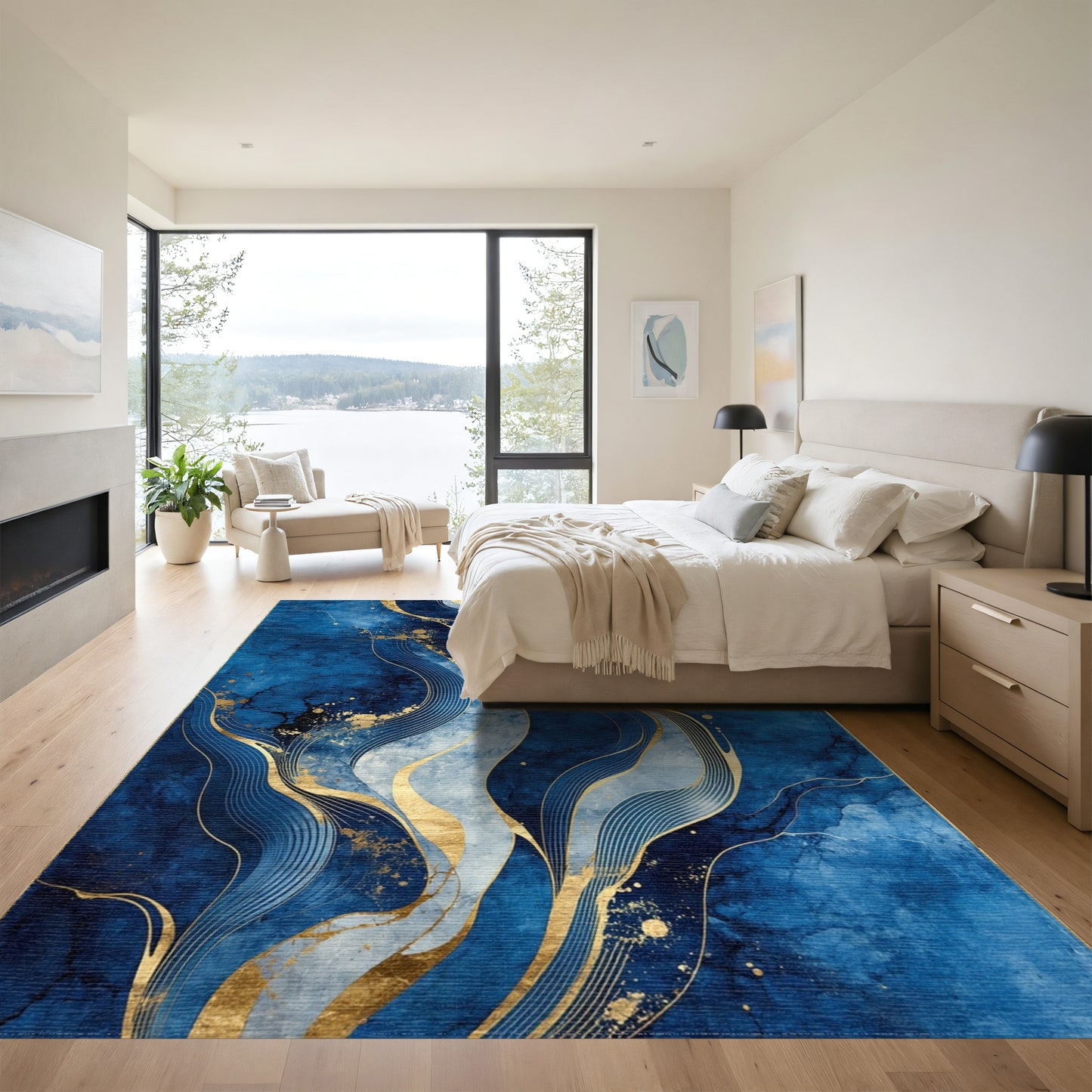 Navy Gold Flowing Waves Rug