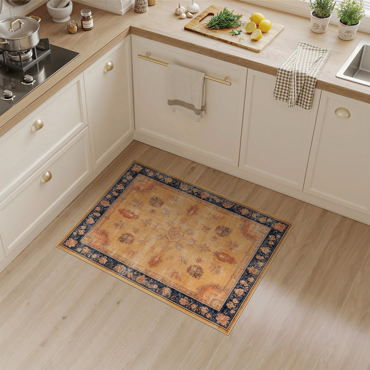 Beige Distressed Vintage Area Rug with Navy Border