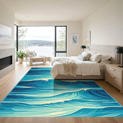 Teal Abstract Curling Waves Rug
