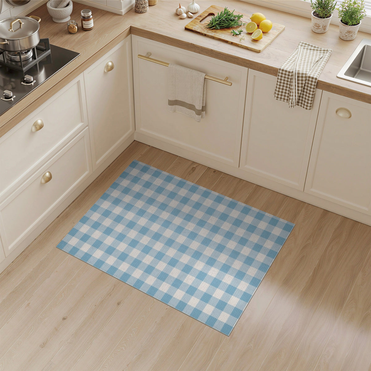 Coastal Beach Blue Gingham Checkered Area Rug