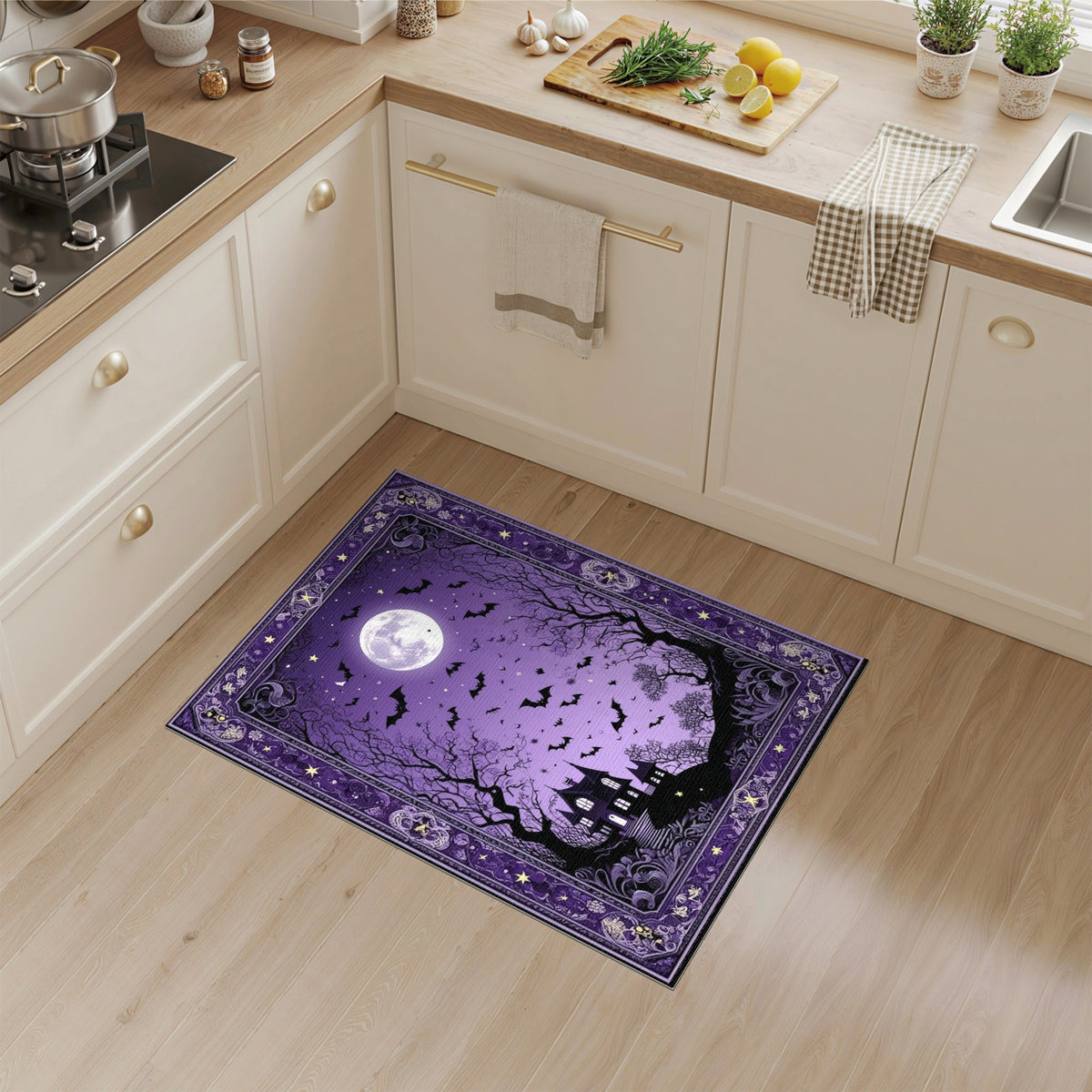 Distressed Vintage Purple Haunted Mansion Halloween Area Rug