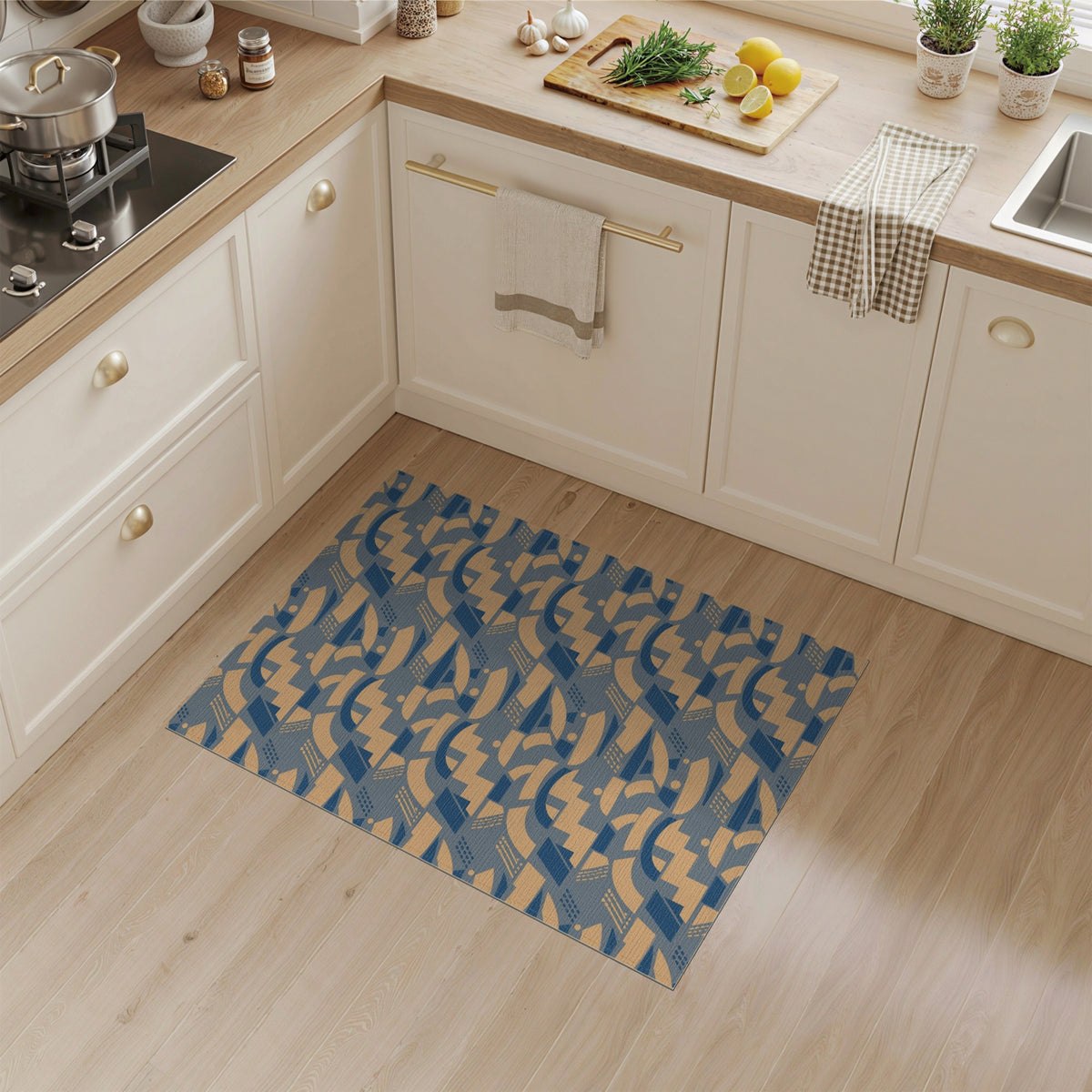 Navy Blue Tan Geometric Area Rug