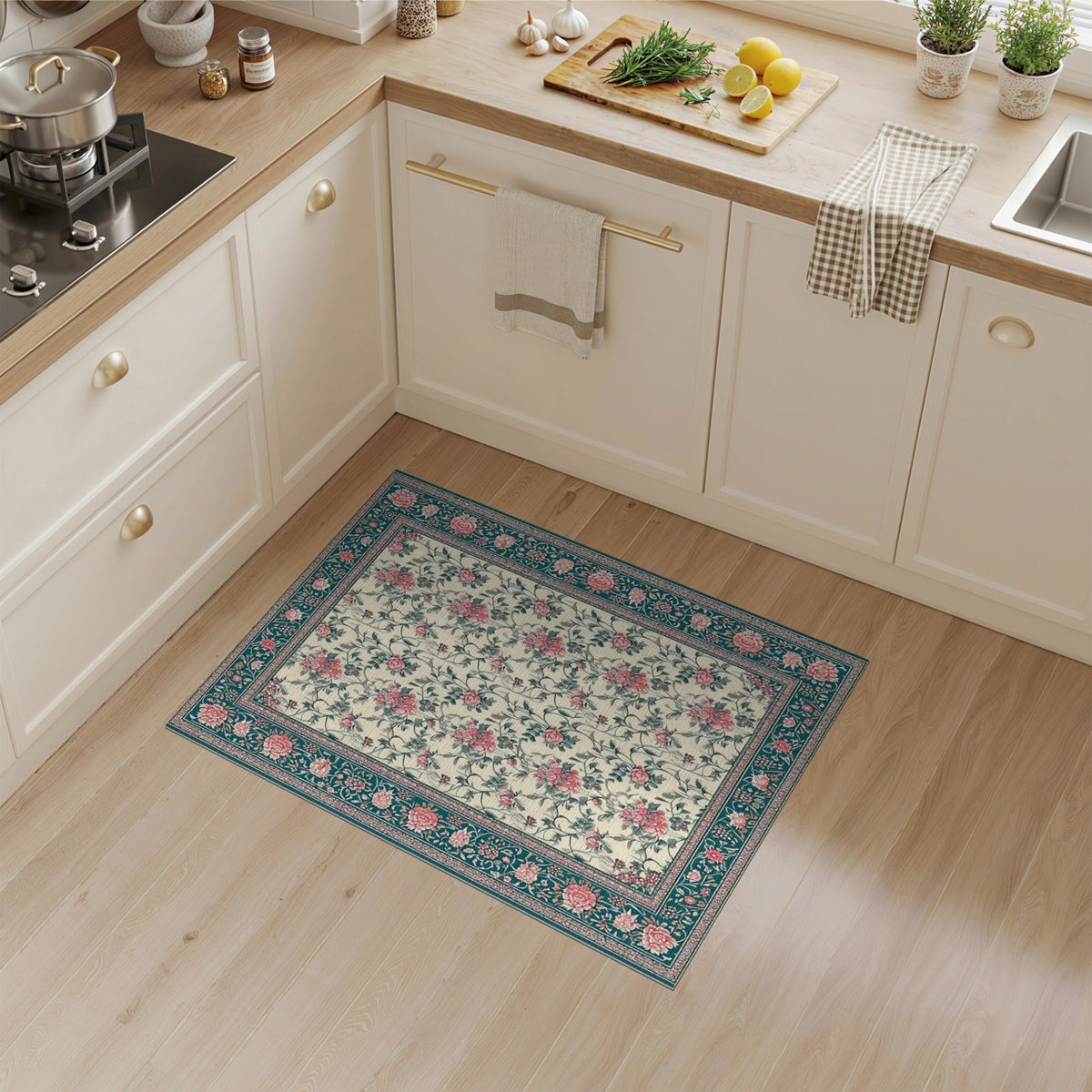 Pink Rose Teal Floral Vintage Area Rug
