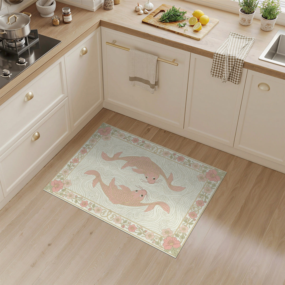 Pink Koi Fish Floral Vintage Area Rug