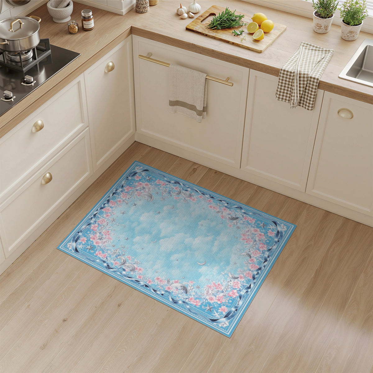 Blue Floral Moon Stars Washable Area Rug