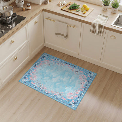 Blue Floral Moon Stars Washable Area Rug