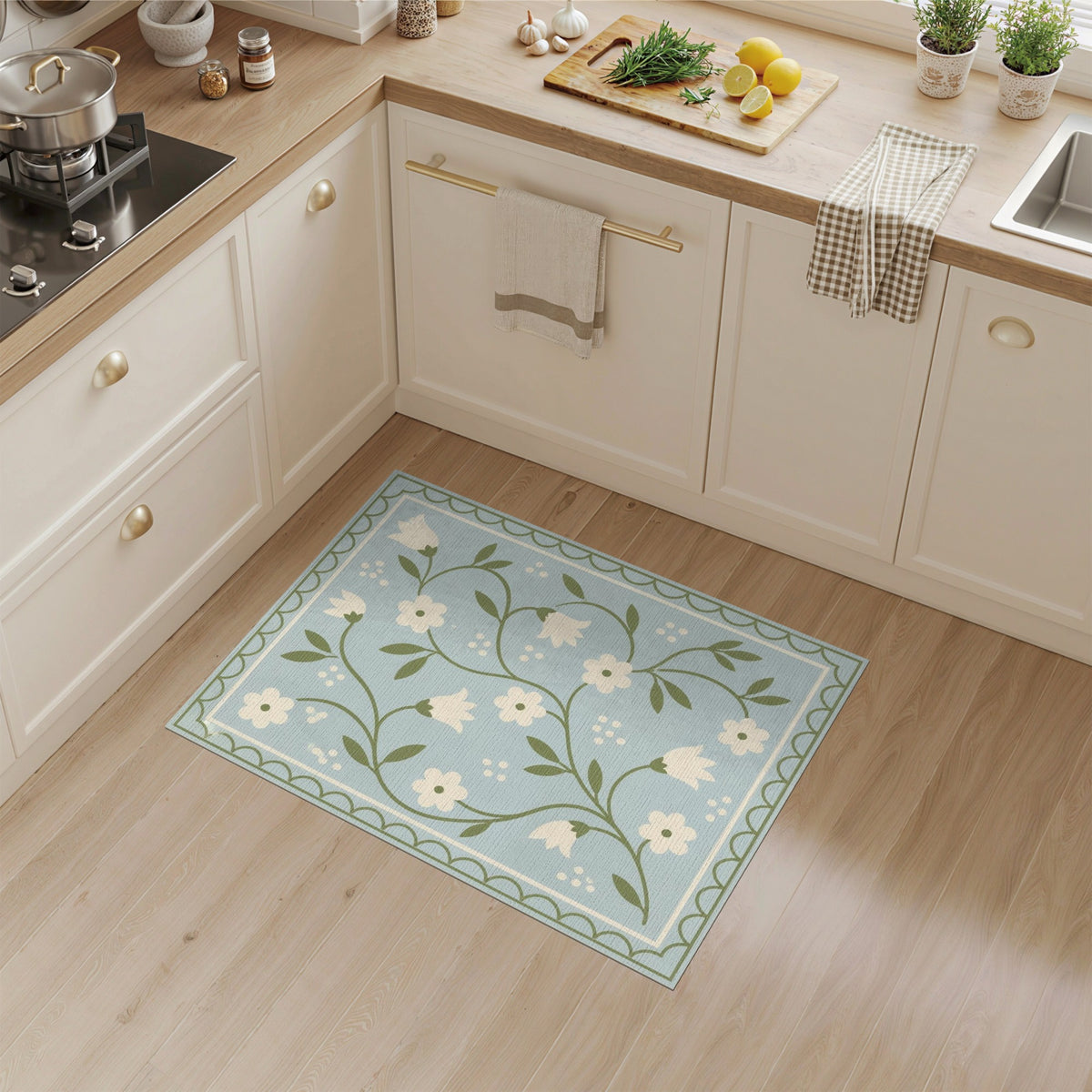 Blue Floral Scalloped Vintage Rug