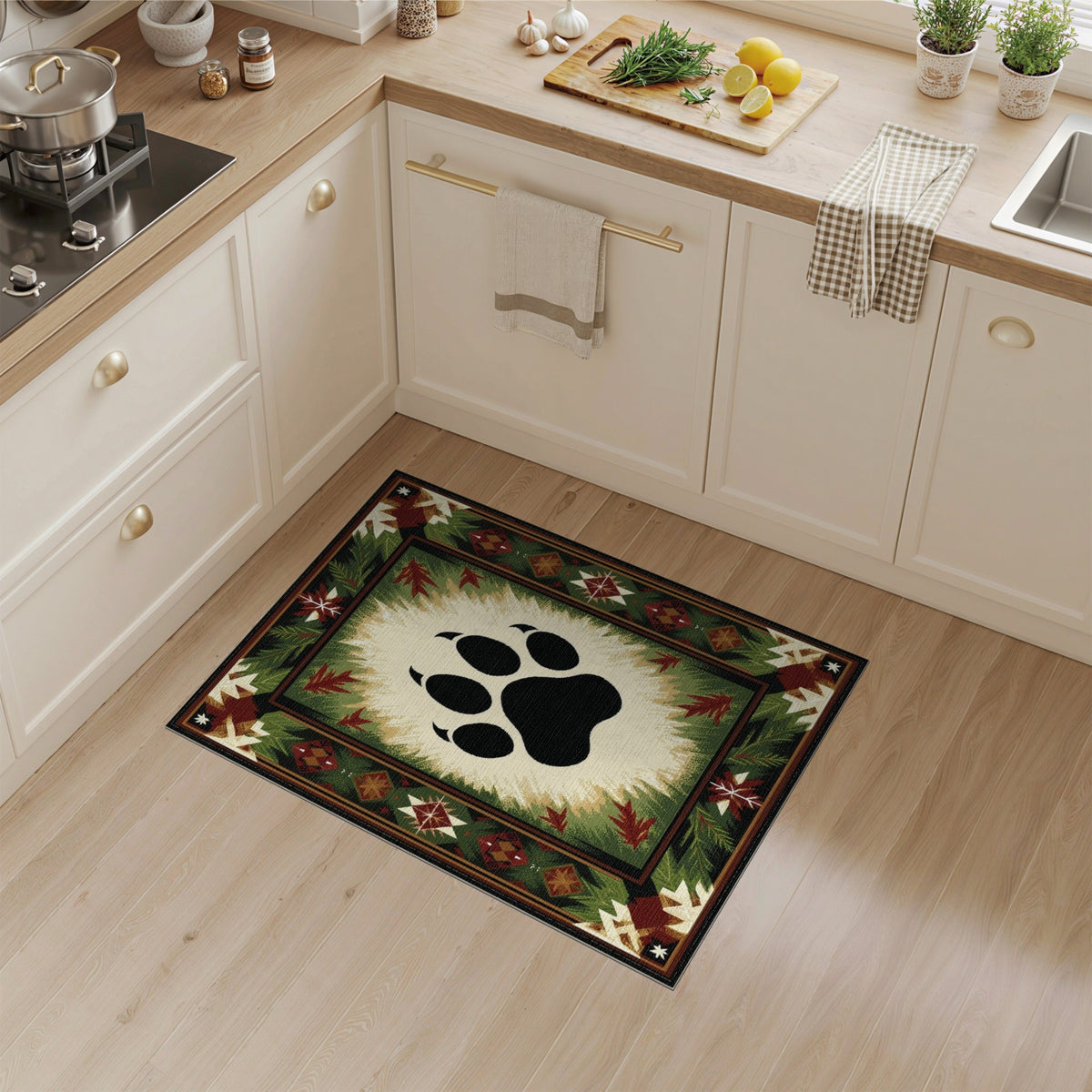 Bear Paw Print Green Rustic Area Rug