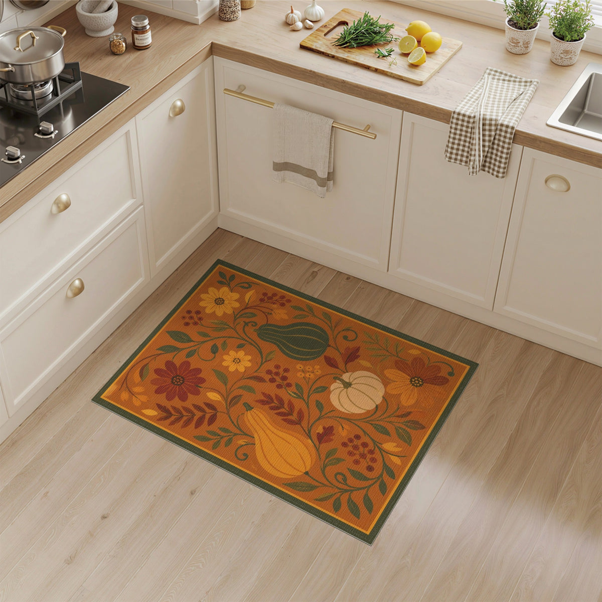 Orange Autumn Pumpkin Floral Area Rug