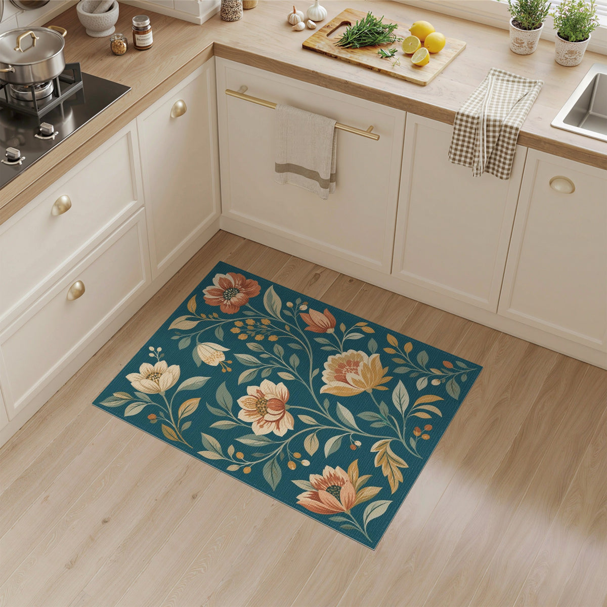 Washable Teal Floral Vintage Washable Area Rug